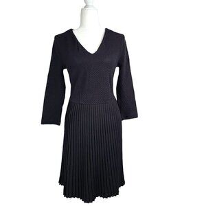 Ganni Fulton Black V Neck Jacquard Pleated Knit A-Line Dress